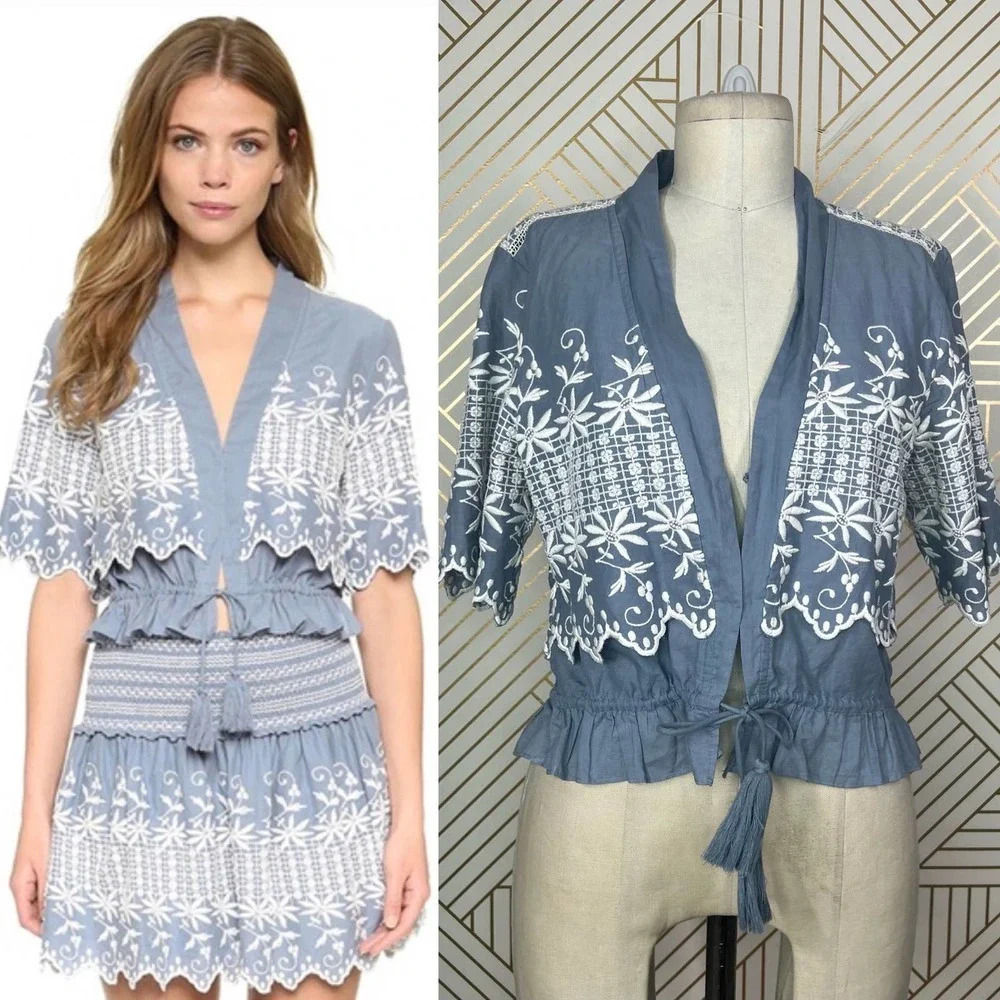 LoveShackFancy Georgia Floral Embroidered Chambray Top Size‎ US 2